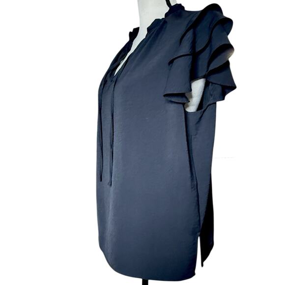 Adrianna Papell Women’s Black Flutter Short Sleeve Blouse Notch Neck Top Size L - Picture 2 of 9